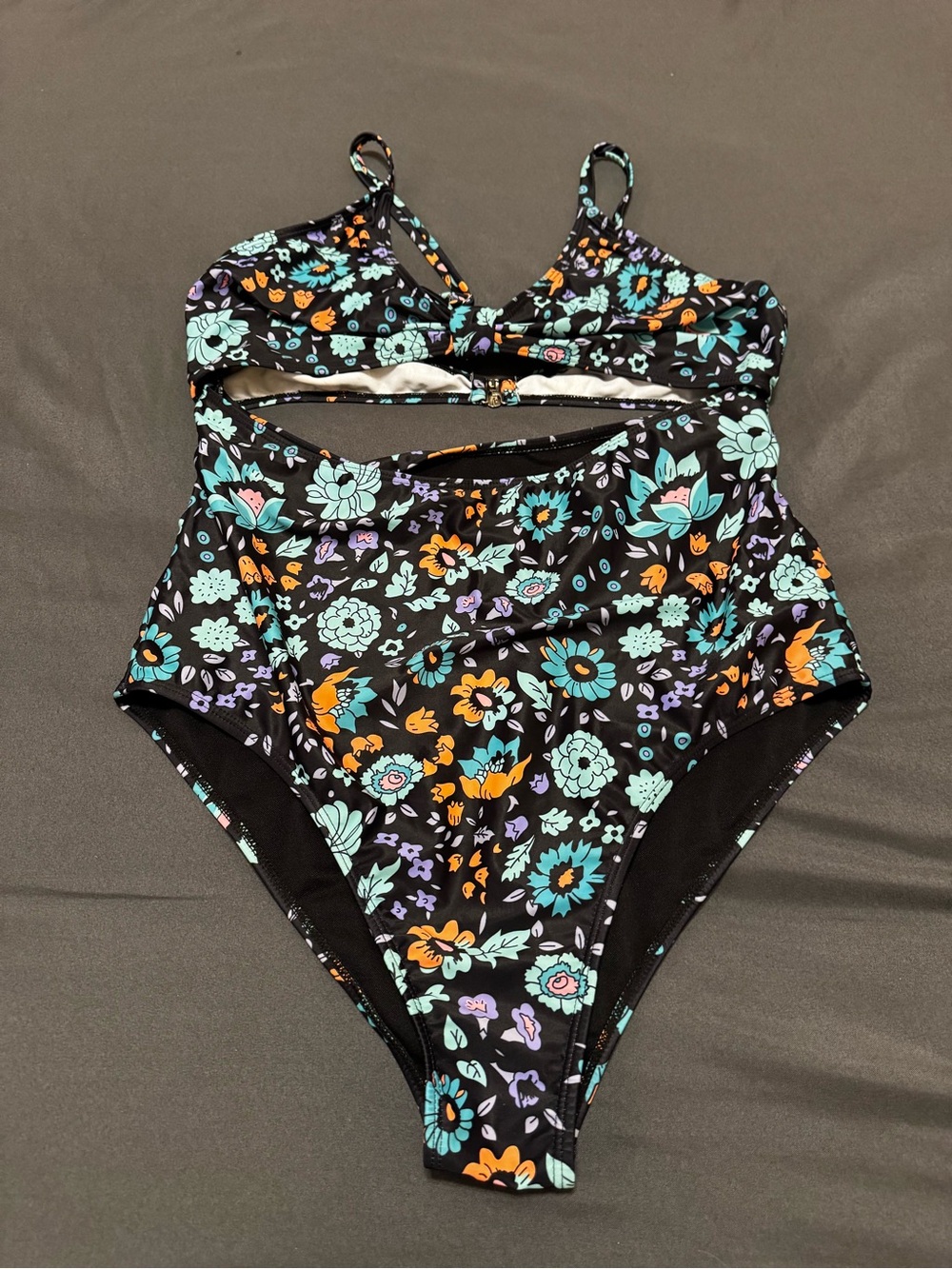 SHEIN Black Floral One-Piece with Teal, Orange & Purple Accents